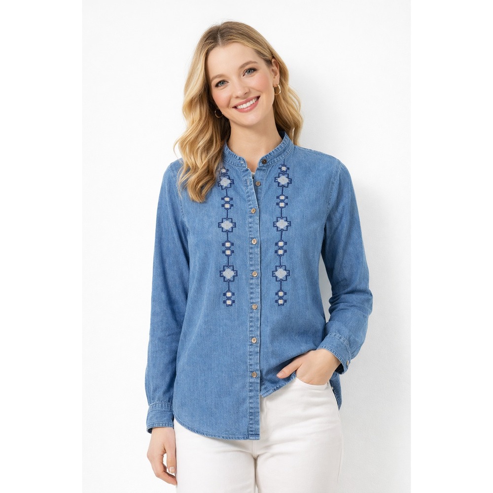 Sahalie Women's Aztec Embroidered Denim Button Down Shirt Blue Boho Western Med